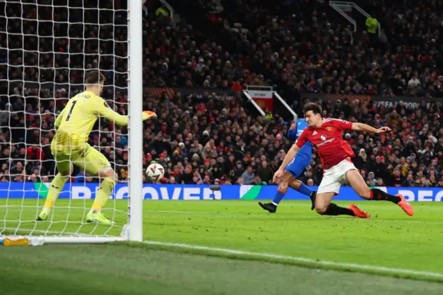 Harry Maguire of Manchester United misses a chance during the UEFA Europa League 2024/25 League Phase MD7 match between Manchester United and Rangers FC at Old Trafford on January 23, 2025 in Manchester, England