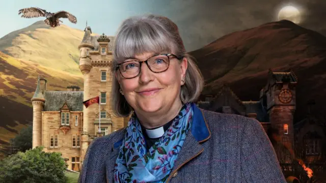 Linda Coupland in a blazer, scarf and white priest's collar, smiling at the camera with superimposed Scottish landscape and castle behind her