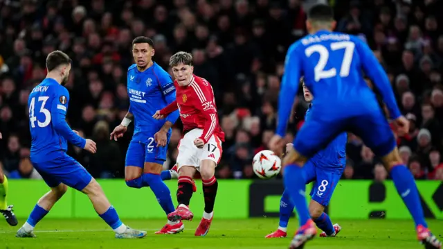 Manchester United's Alejandro Garnacho (centre) attempts a shot on goal during the UEFA Europa League, league stage match at Old Trafford, Manchester