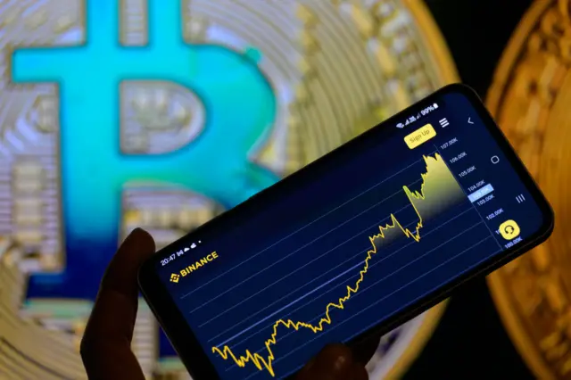 Hand holding phone with graph in front of bitcoin logo