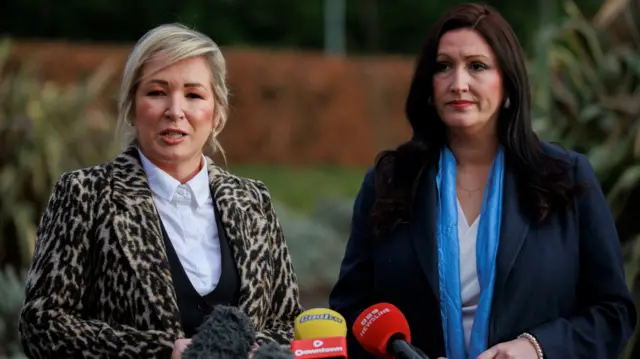 Michelle O'Neill and Emma Little-Pengelly speaking at microphones