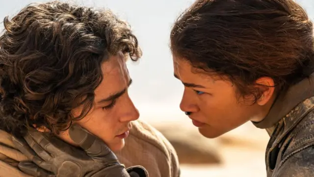 Production still from the sci-fi film, Dune Part Two. Timothee Chalamet and Zendaya are pictured