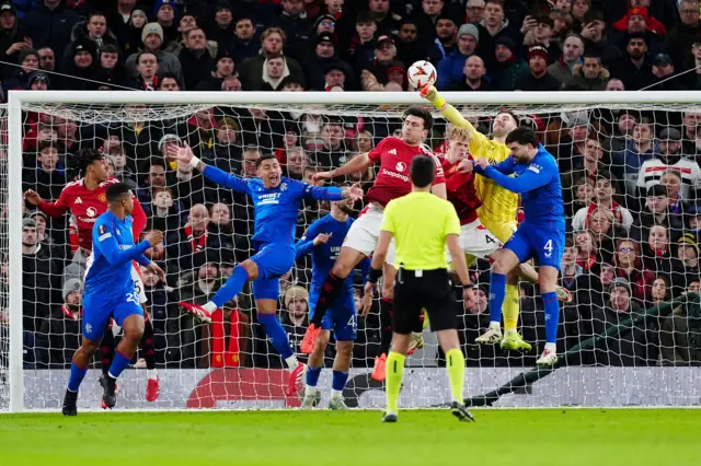 Rangers goalkeeper Jack Butland (second right) scores an own goal for Manchester United's first goal during the UEFA Europa League, league stage match at Old Trafford, Manchester.