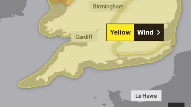 A weather map showing a yellow warning for wind across southern England.