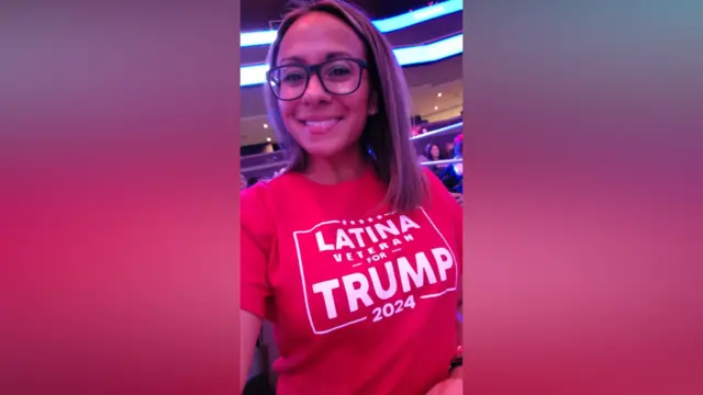 Jessenia Anderson wearing red t-shirt with slogan 'Latina veteran for Trump 2024'.