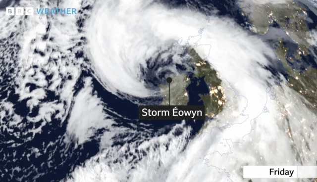 A satellite image of Storm Eowyn is show over the British Isles