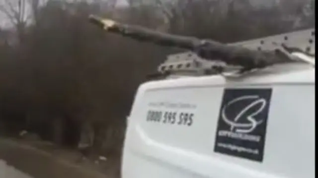 A tree branch sticks out of the roof of a white City Building van