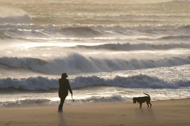 A woman walking a dog on the beach. The sea is in front of her and there are several large waves. The sand is blowing in the wind