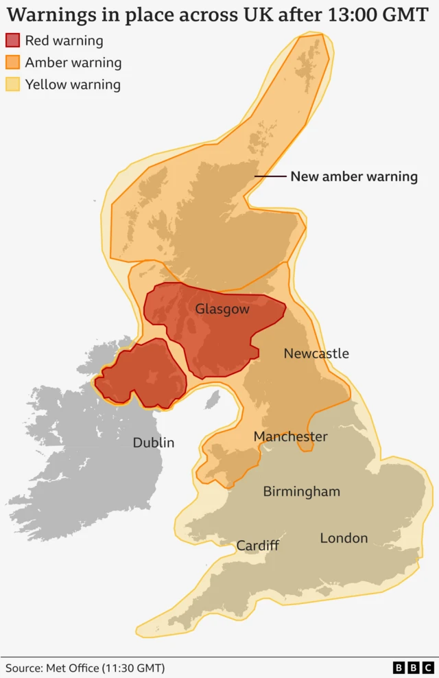 A map of the UK showing highlighted areas in different colours that match the weather warnings issued for there