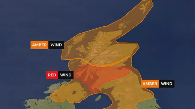 Weather map showing Amber and Red Warning areas