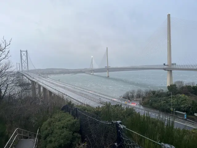 Empty Forth Road Bridge and Queensferry Crossing