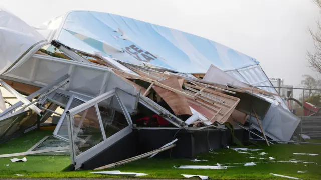 A collapsed ice skating rink