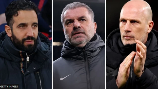 Europa League managers graphic - Ruben Amorim, Ange Postecoglou and Philippe Clement