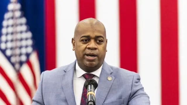 Ras Baraka, mayor of Newark, speaks during a meeting with U.S. Vice President Kamala Harris and residents at the Training Recreation Education Center in Newark, New Jersey, U.S., on Friday, Feb. 11, 2022.