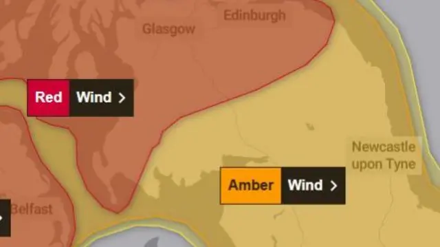 A map showing weather warnings in the North East and Cumbria and Scotland with the North East and Cumbria covered by an amber warning and a strip cross Scotland covered by a red warning