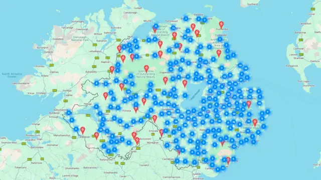 Map with markers showing power cuts in Northern Ireland