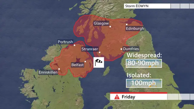 A map shows the areas under a red warning for wind.