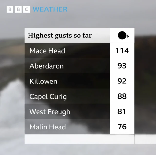 A chart showing wind gust speeds.