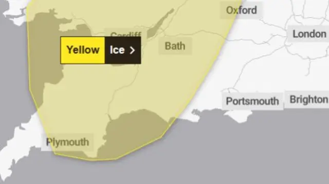 A map with a yellow patch showing the areas affected by the yellow weather warning