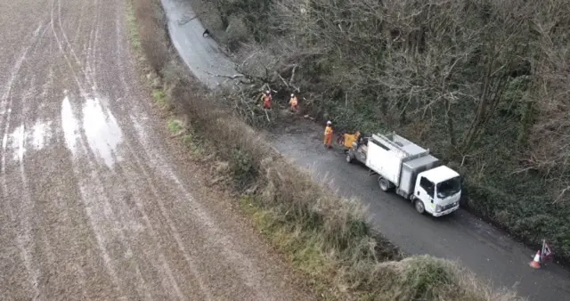 An aerial view of a road blocked by a tree.