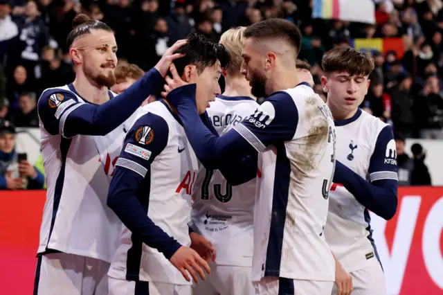 Tottenham players celebrate Son Heung-min's goal at Hoffenheim