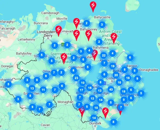 A map of NI showing areas with powercuts