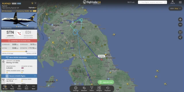 Flight Radar 24 showing the route of a flight to Soctland diverted to Germany