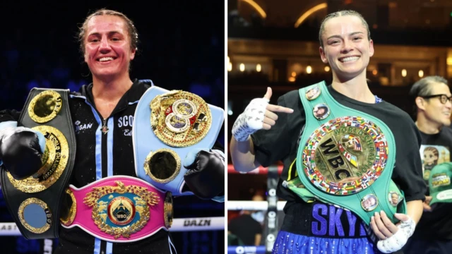 Split image of Ellie Scotney smiling with her world titles and Skye Nicolson with her world titles