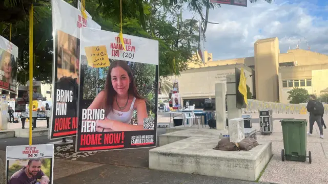 Hostage square in Israel has posters with pictures of the four women.