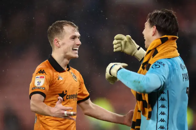 Matty Jacob (L) and Ivor Pandur of Hull City celebrate following the team's victory in the Sky Bet Championship match between Sheffield United FC and Hull City