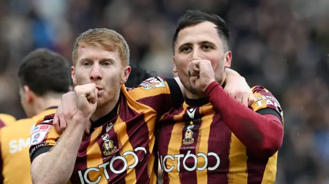 Bradford players celebrate a goal