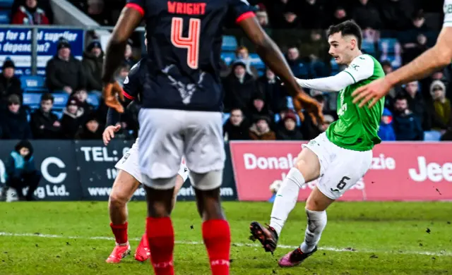 Hibernian's Dylan Levitt scores to make it 1-0 during a William Hill Premiership match between Ross County and Hibernian at the Global Energy Stadium,