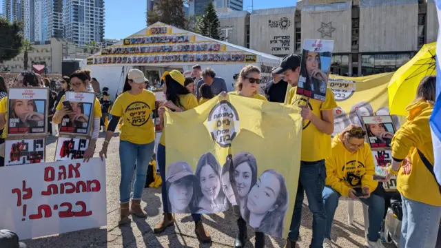 People with banners for the returning hostages in Hostage Square