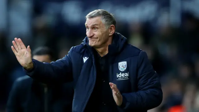 Tony Mowbray issuing instructions to his West Brom players against Portsmouth