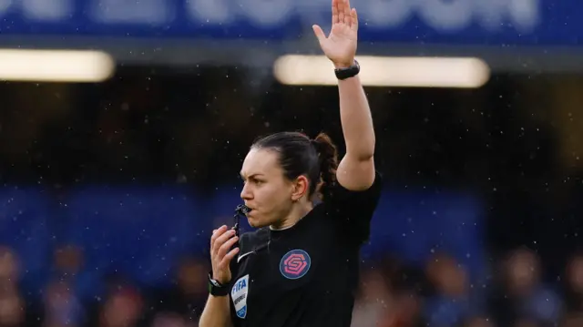 Referee Emily Heaslip reacts at Chelsea v Arsenal