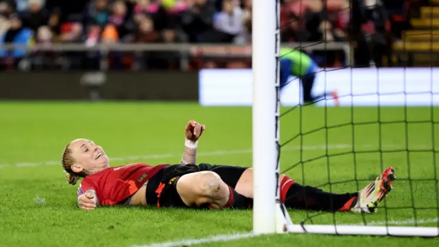 Leah Galton of Manchester United reacts during the Barclays Women's Super League match between Manchester United and Brighton & Hove Albion at Leigh Sports Village