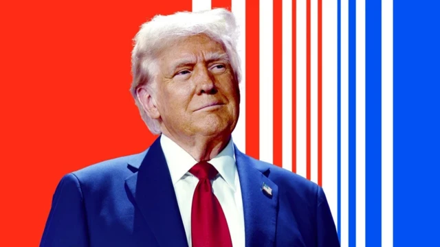 Stylised image of Donald Trump in front of a red and blue background