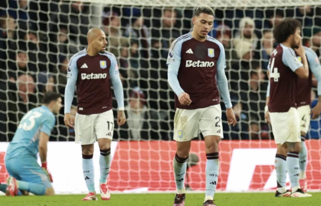 Aston Villa's Morgan Rogers reacts after West Ham United's Emerson Palmieri scores their first goal