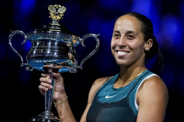 Madison Keys of the United States poses with the Daphne Akhurst Memorial Cup