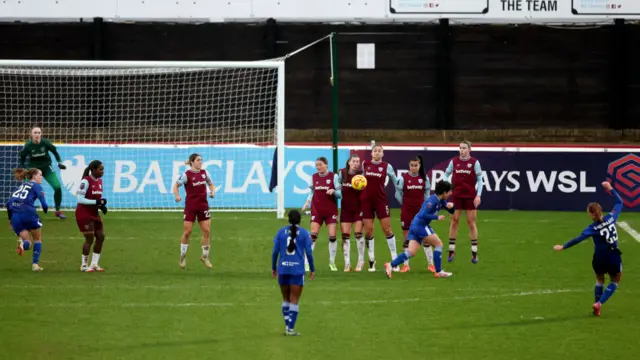 Sara Holmgaard of Everton misses a free kick during the Barclays Women's Super League match between West Ham United and Everton at Chigwell Construction Stadium