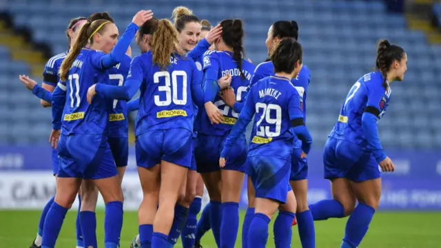 Missy Goodwin of Leicester City Women celebrates scoring the second goal for Leicester City Women with team mates during the Leicester City v Liverpool