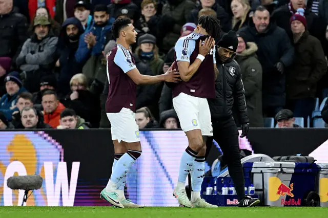 Tyrone Mings of Aston Villa, reacts as he leaves the pitch