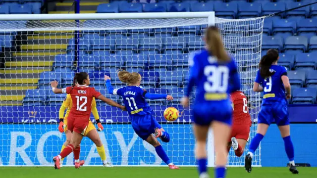 Janice Cayman of Leicester City scores her team's first goal during the Barclays Women's Super League match between Leicester City and Liverpool FC