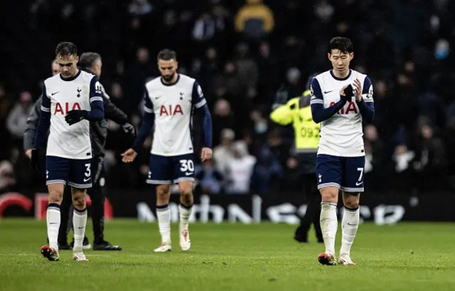 Tottenham Hotspurs' Sergio Reguilon, Rodrigo Bentancur and Son Heung-Min applaud their side's supporters