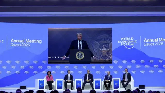 Donald Trump delivers a remote address during the World Economic Forum (WEF) meeting in Davos, Switzerland