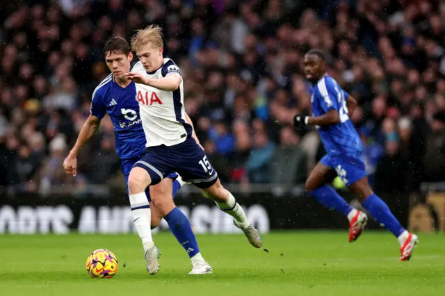 Lucas Bergvall of Tottenham Hotspur is challenged