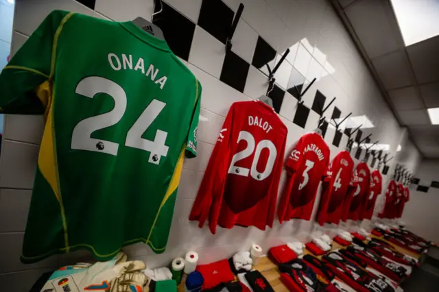 A view inside the Manchester United changing room