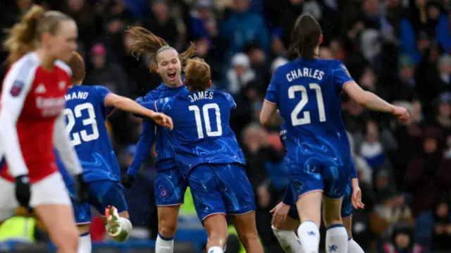 Guro Reiten of Chelsea celebrates scoring her team's first goal with teammate Lauren James during the Barclays Women's Super League match between Chelsea FC and Arsenal FC