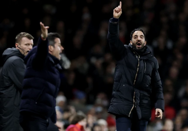 Manchester United manager Ruben Amorim and Fulham manager Marco Silva react