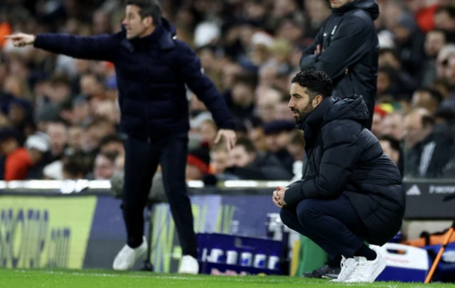 Fulham manager Marco Silva and Manchester United manager Ruben Amorim react